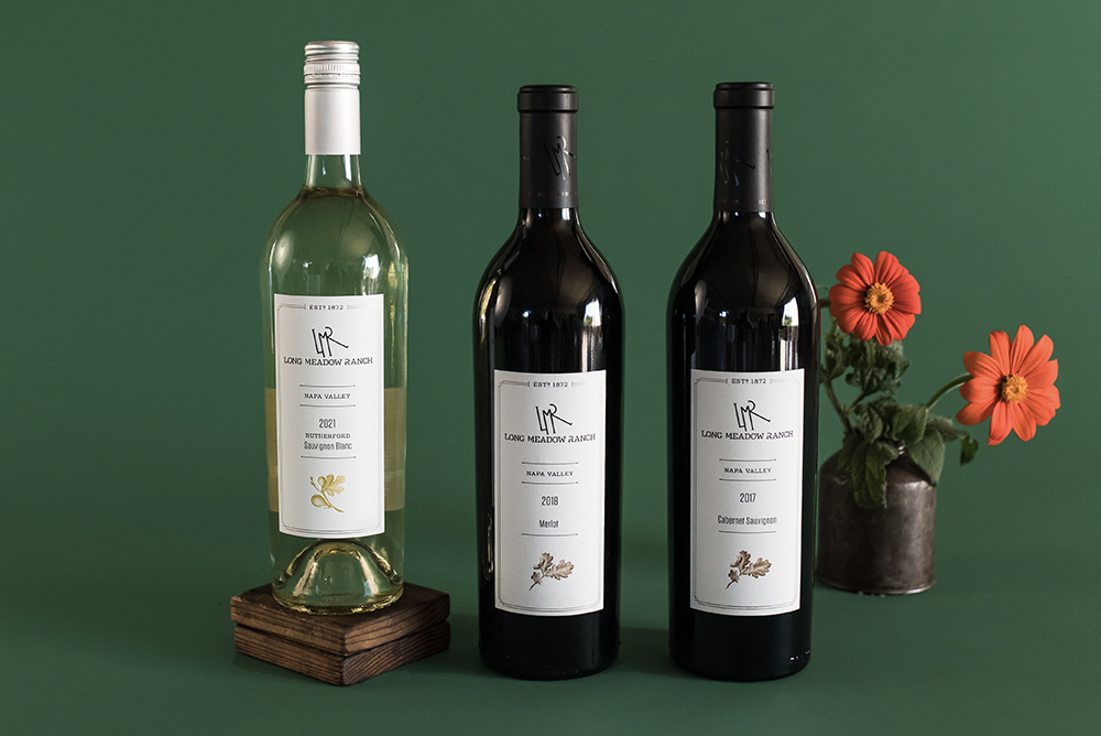 Bottles of Long Meadow Ranch Sauvignon Blanc, Merlot and Cabernet Sauvignon