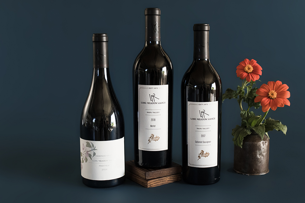 Bottles of Long Meadow Ranch Pinot Noir, Merlot and Cabernet Sauvignon