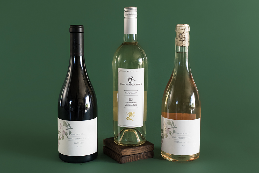 Bottles of Long Meadow Ranch Pinot Noir, Sauvignon Blanc and Rosé