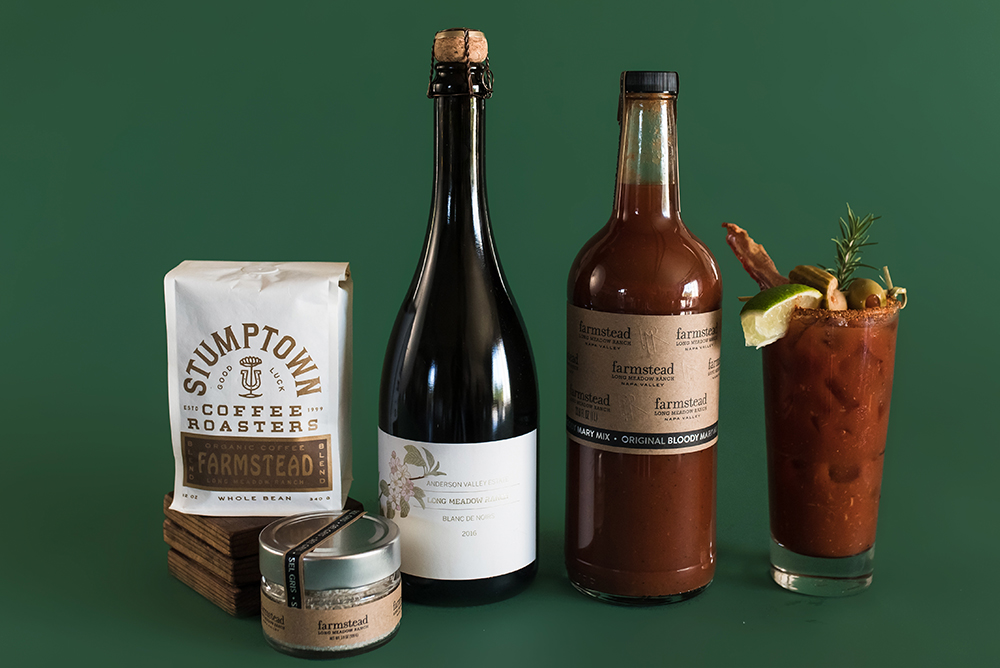 Farmstead branded coffee, salt and Bloody Mary Mix with a bottle of Long Meadow Ranch Sparkling Wine
